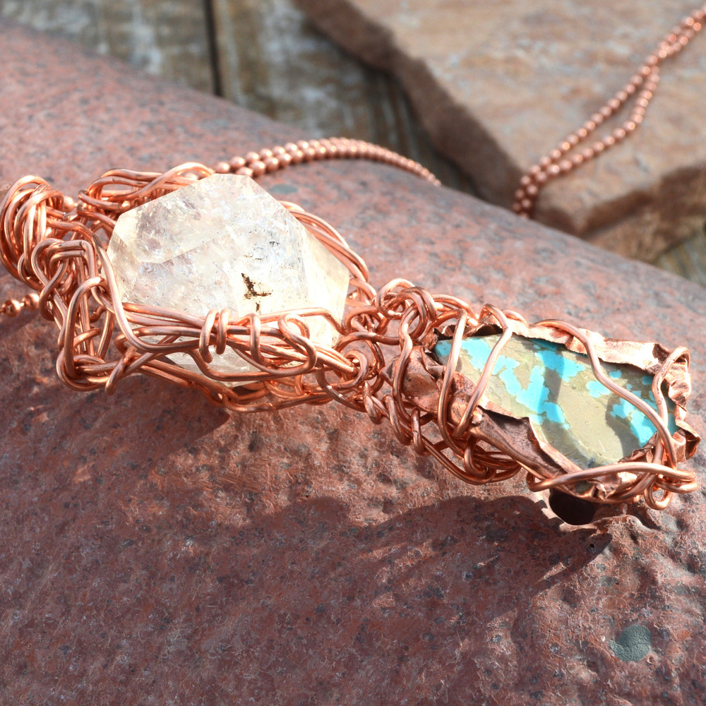 Genuine Turquoise Herkimer Diamond Copper Pendant - Picture 7 of 8